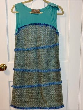Space Style Concepts Teal & Blue Silk and Tweed Dress With Fringe Detailing, 42